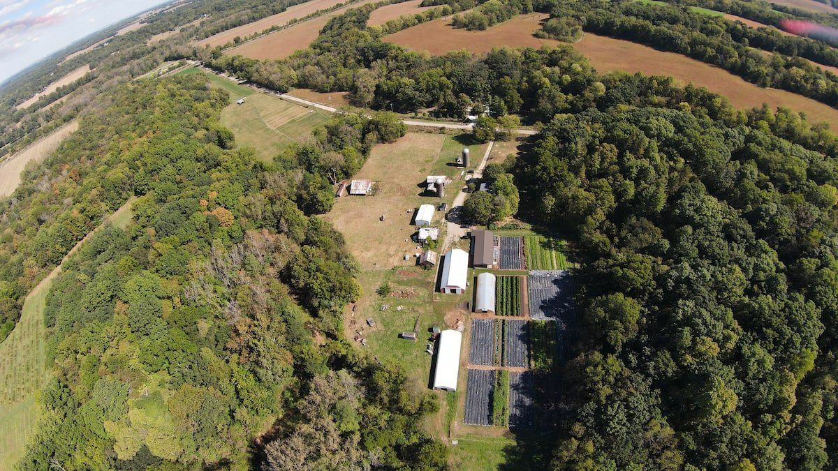 Aerial view of Hungry World Farm and its landscape