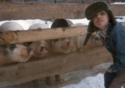 A young person posing beside pigs in a barn.