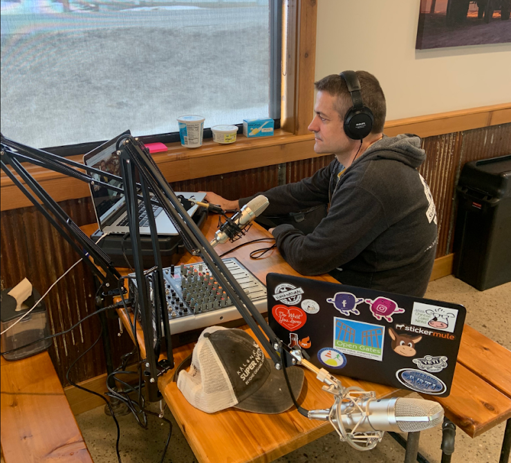 Sam recording a conversation in his music studio
